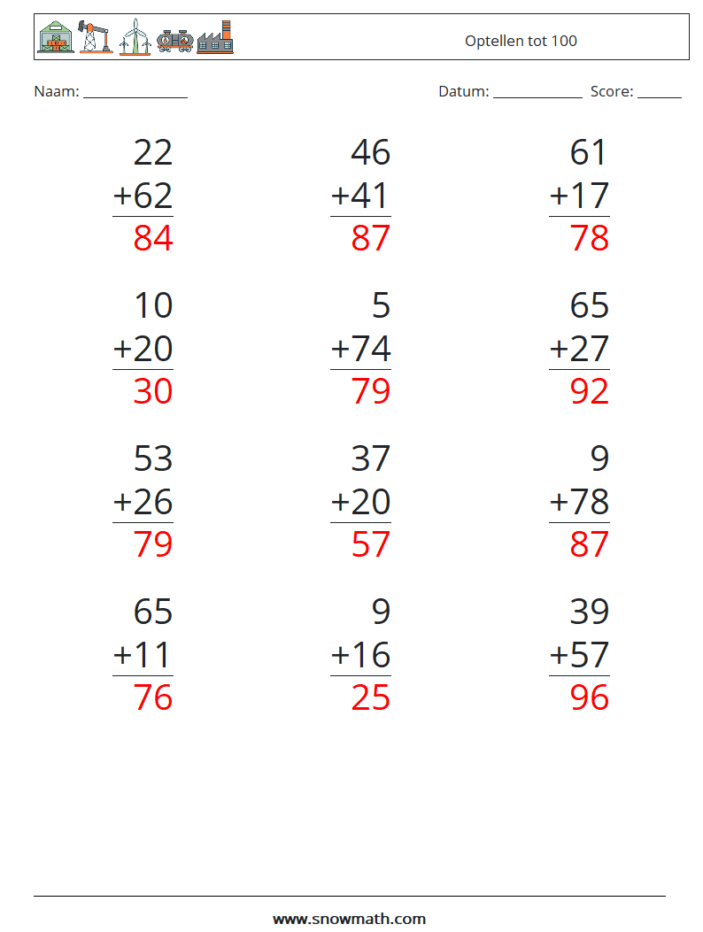 (12) Optellen tot 100 Wiskundige werkbladen 18 Vraag, Antwoord