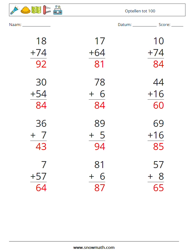 (12) Optellen tot 100 Wiskundige werkbladen 1 Vraag, Antwoord