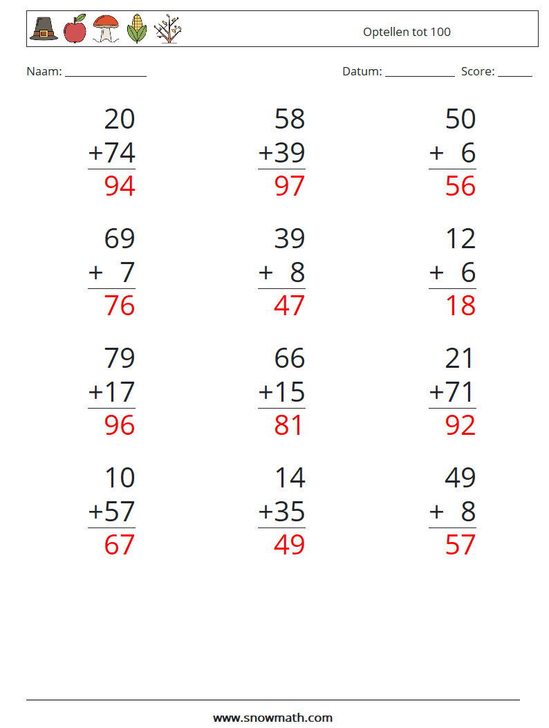 (12) Optellen tot 100 Wiskundige werkbladen 2 Vraag, Antwoord