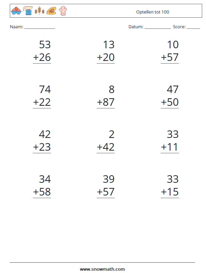 (12) Optellen tot 100 Wiskundige werkbladen 3