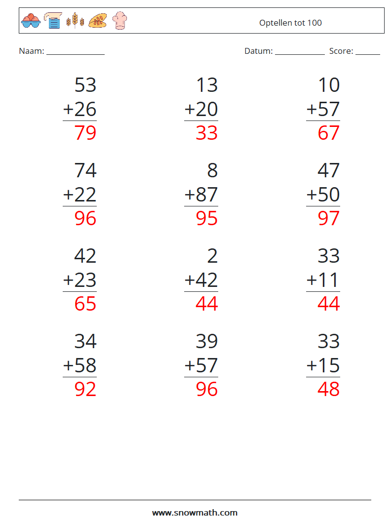 (12) Optellen tot 100 Wiskundige werkbladen 3 Vraag, Antwoord