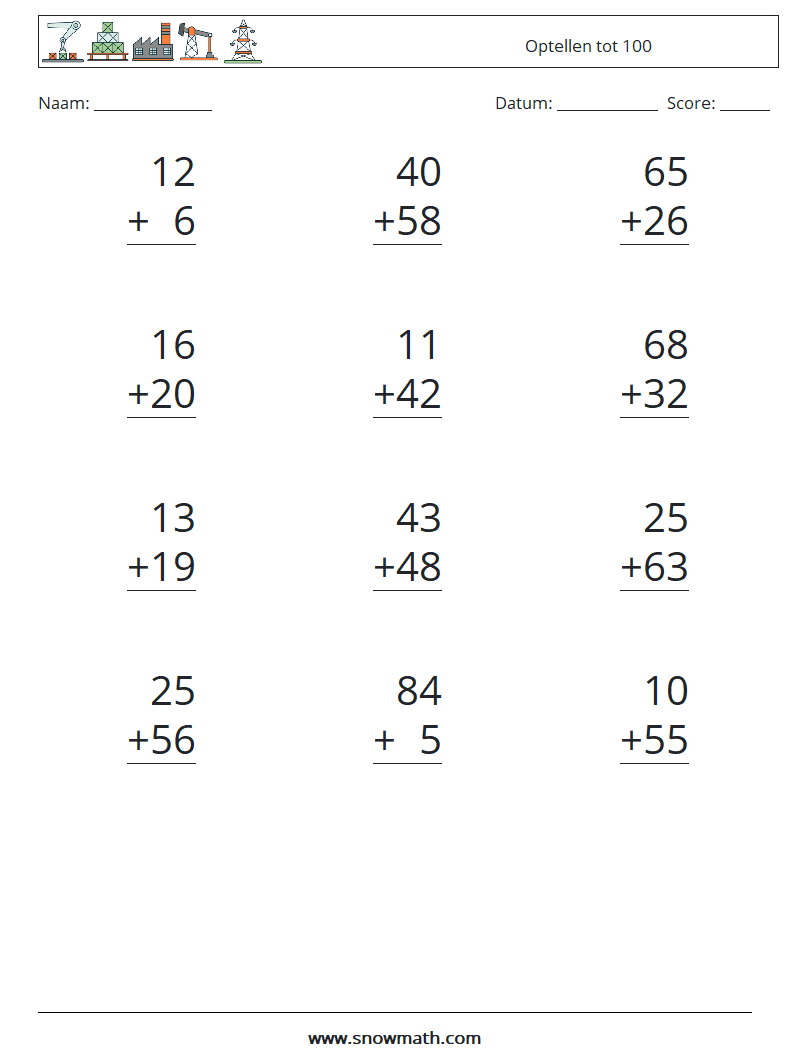 (12) Optellen tot 100 Wiskundige werkbladen 4