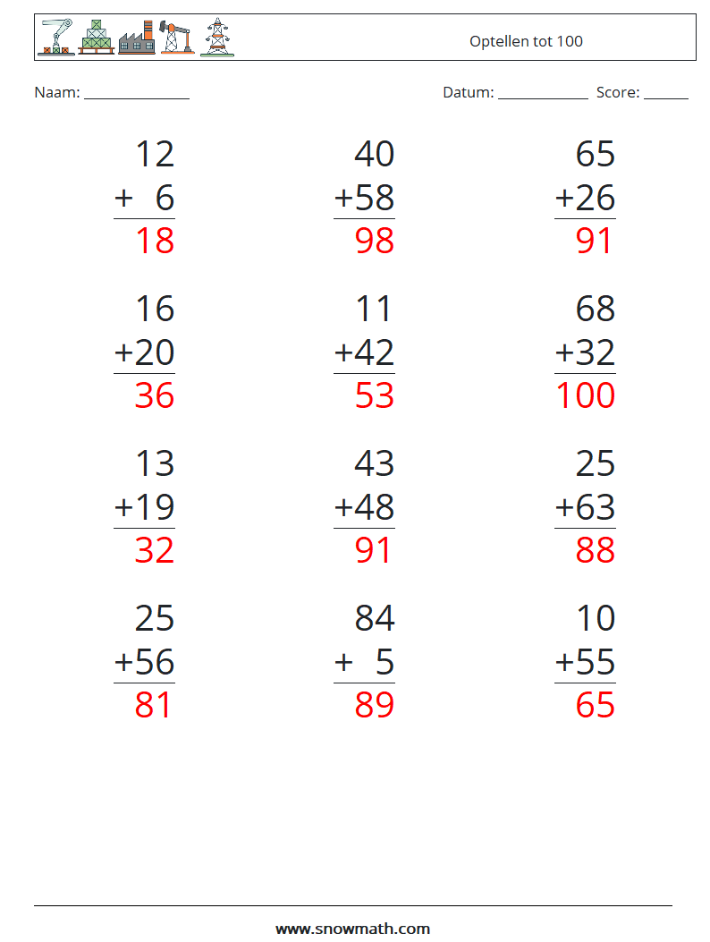 (12) Optellen tot 100 Wiskundige werkbladen 4 Vraag, Antwoord