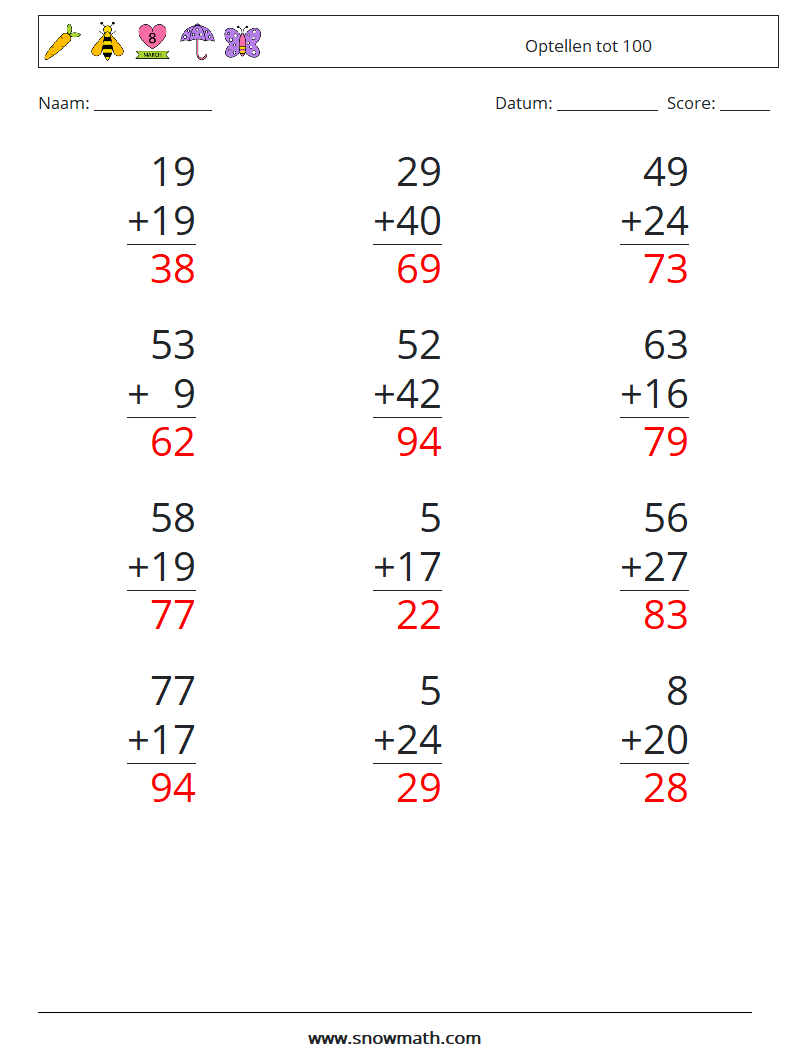 (12) Optellen tot 100 Wiskundige werkbladen 5 Vraag, Antwoord