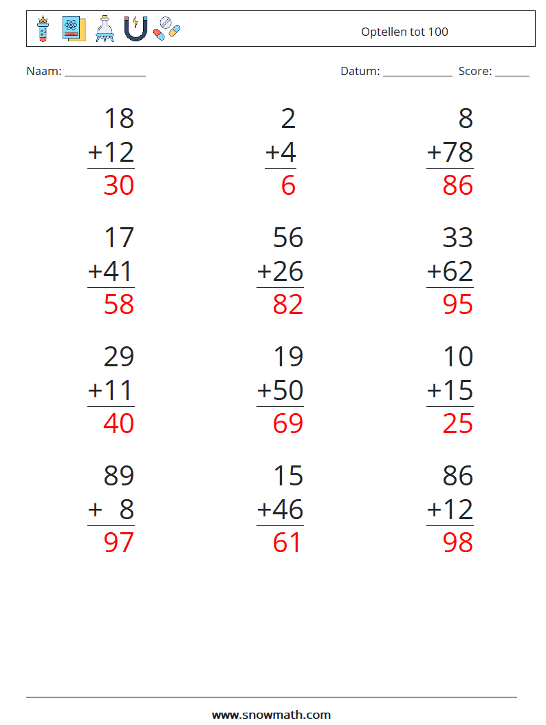 (12) Optellen tot 100 Wiskundige werkbladen 6 Vraag, Antwoord