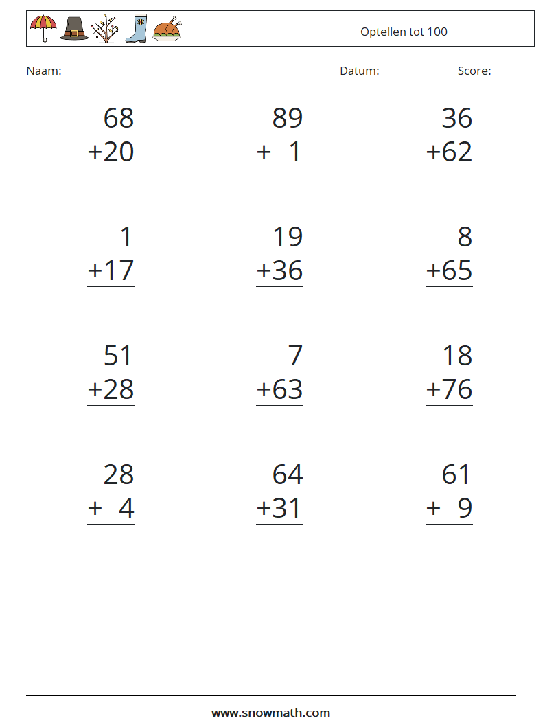 (12) Optellen tot 100 Wiskundige werkbladen 7
