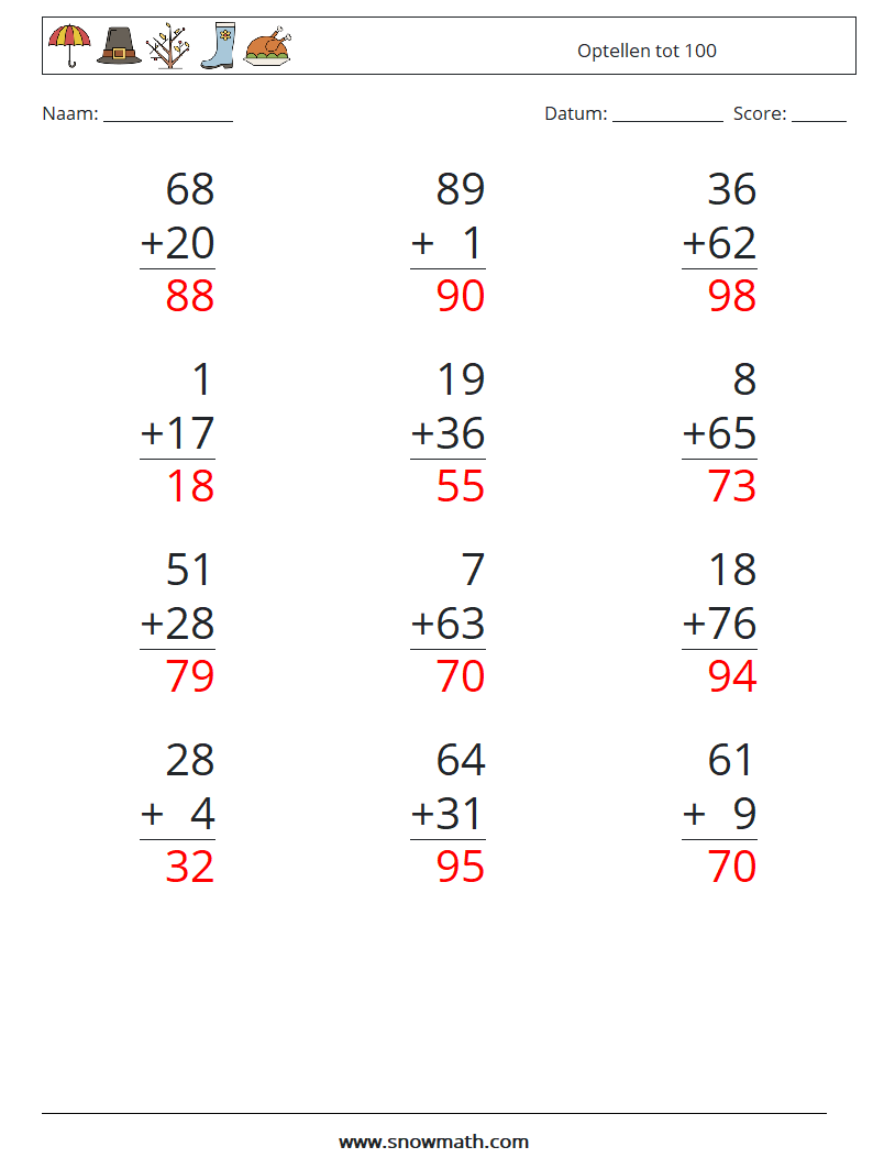 (12) Optellen tot 100 Wiskundige werkbladen 7 Vraag, Antwoord