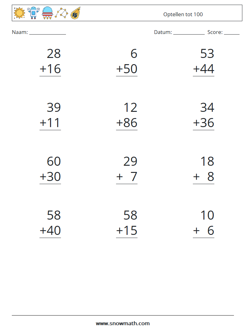 (12) Optellen tot 100 Wiskundige werkbladen 8