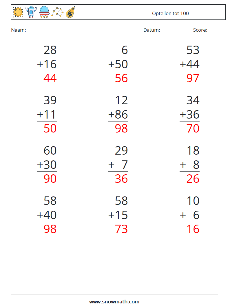 (12) Optellen tot 100 Wiskundige werkbladen 8 Vraag, Antwoord