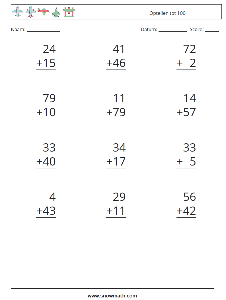 (12) Optellen tot 100 Wiskundige werkbladen 9