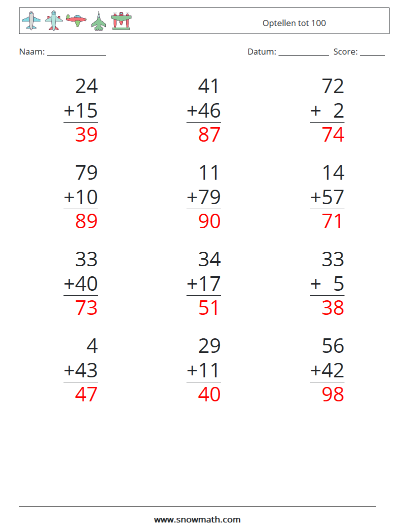 (12) Optellen tot 100 Wiskundige werkbladen 9 Vraag, Antwoord