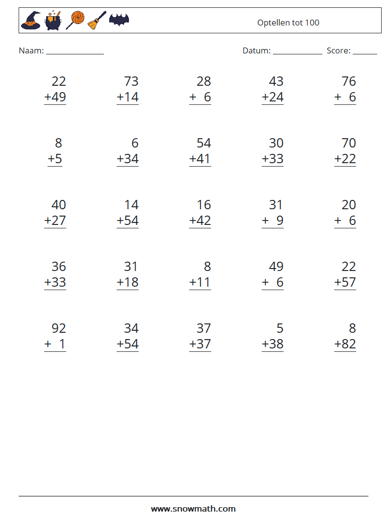 (25) Optellen tot 100 Wiskundige werkbladen 10