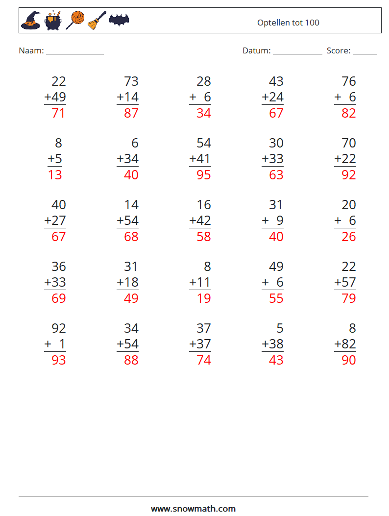 (25) Optellen tot 100 Wiskundige werkbladen 10 Vraag, Antwoord