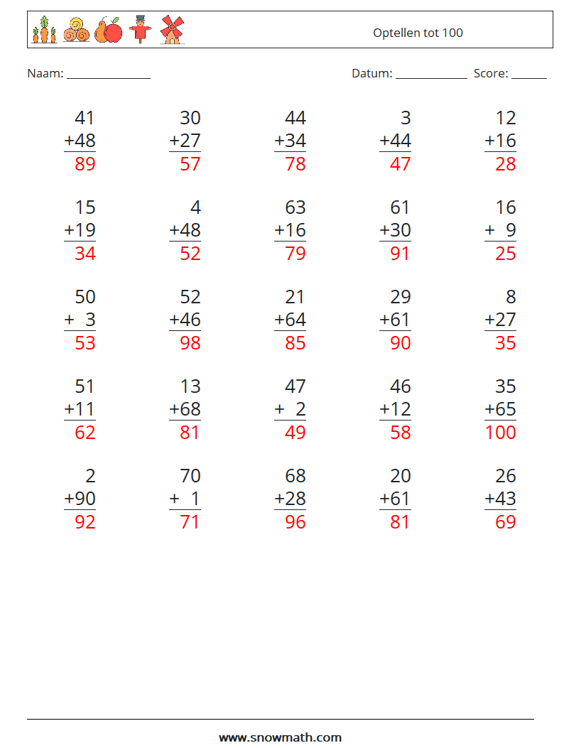 (25) Optellen tot 100 Wiskundige werkbladen 11 Vraag, Antwoord