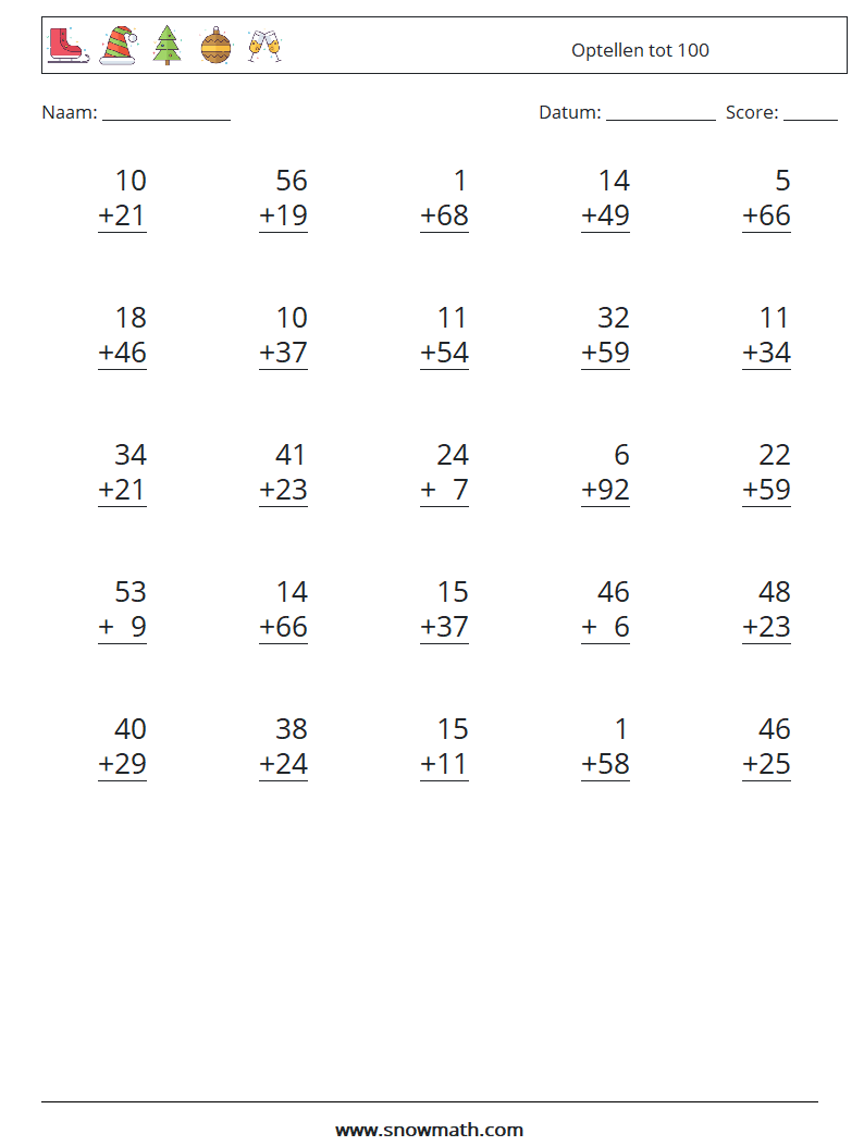 (25) Optellen tot 100 Wiskundige werkbladen 12