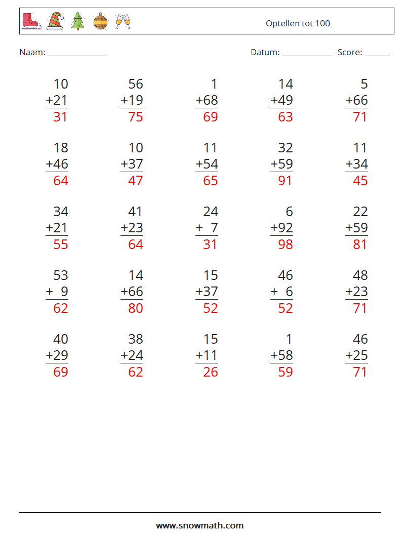 (25) Optellen tot 100 Wiskundige werkbladen 12 Vraag, Antwoord