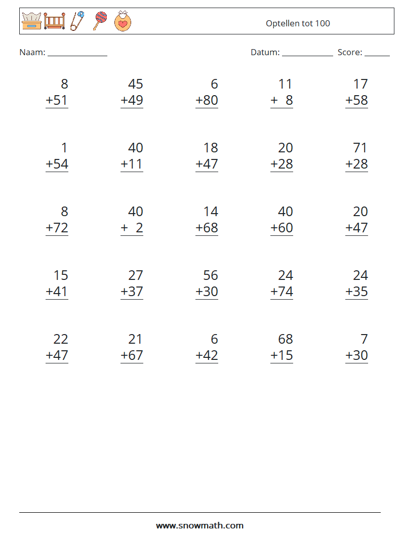 (25) Optellen tot 100 Wiskundige werkbladen 13