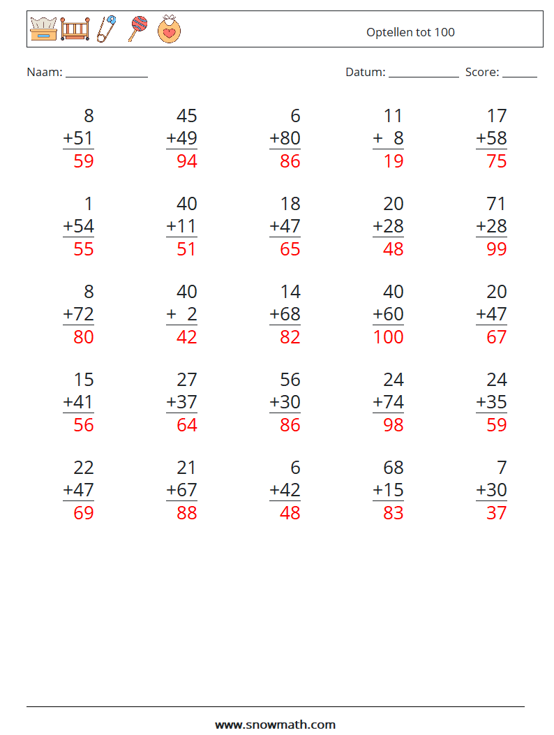 (25) Optellen tot 100 Wiskundige werkbladen 13 Vraag, Antwoord