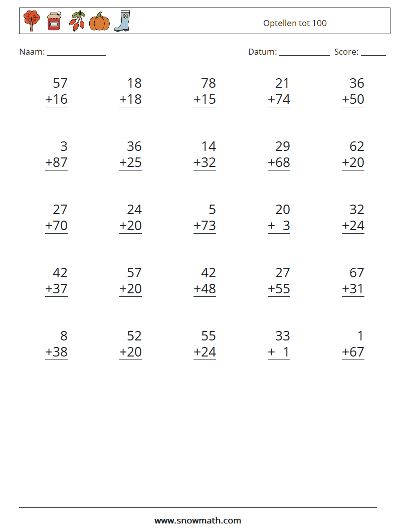 (25) Optellen tot 100 Wiskundige werkbladen 14