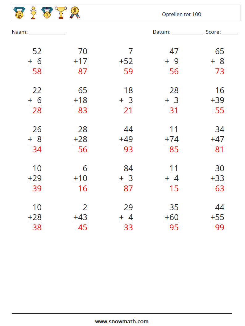 (25) Optellen tot 100 Wiskundige werkbladen 15 Vraag, Antwoord