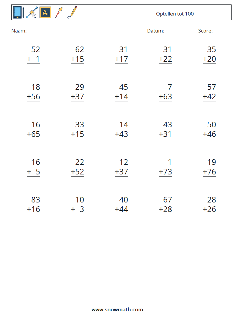 (25) Optellen tot 100 Wiskundige werkbladen 17