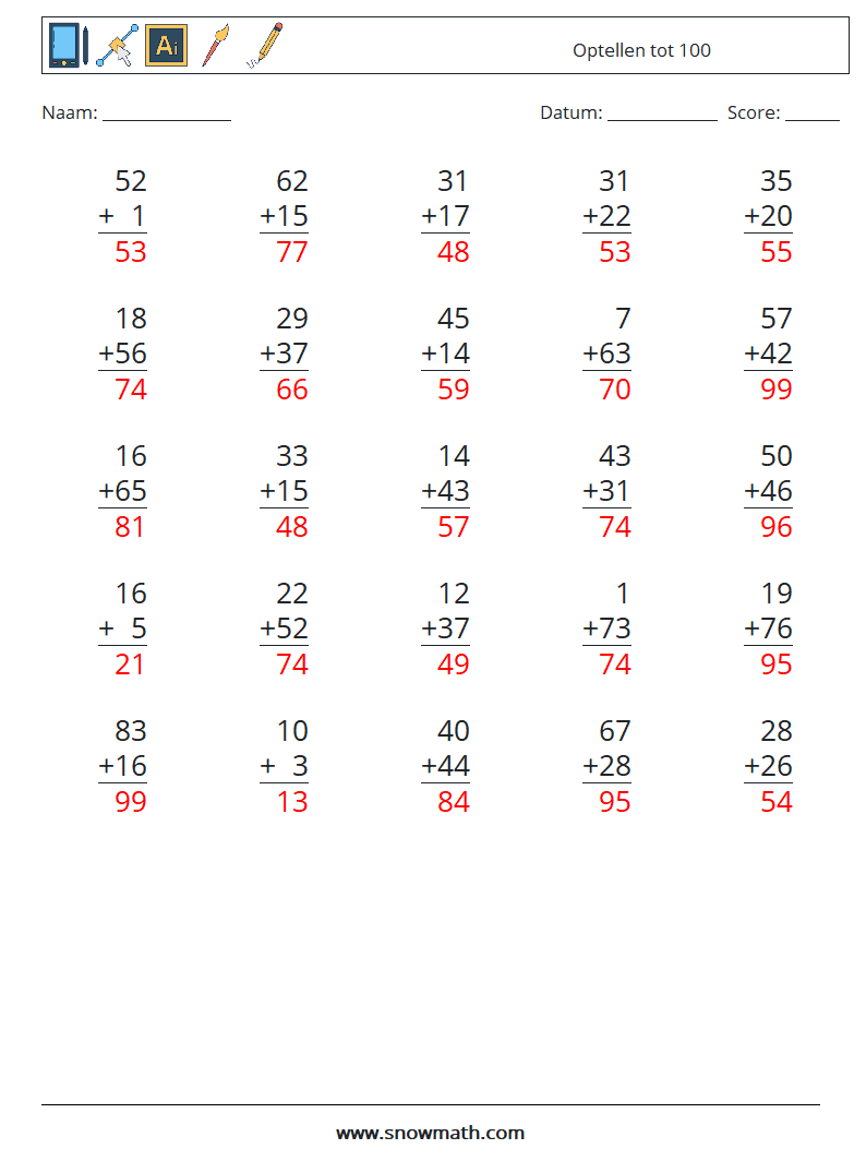 (25) Optellen tot 100 Wiskundige werkbladen 17 Vraag, Antwoord