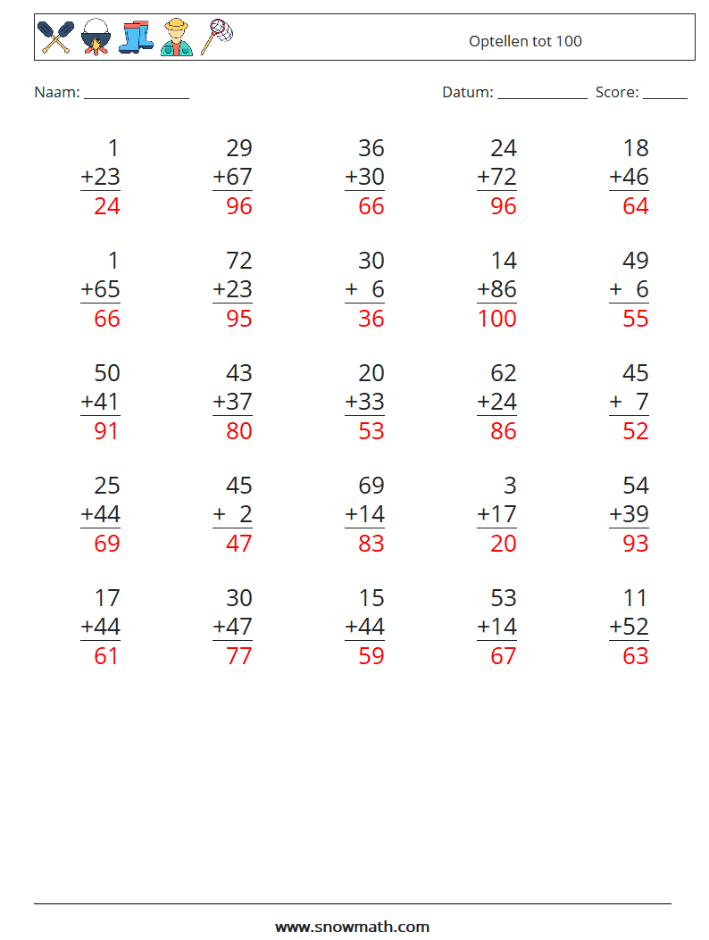 (25) Optellen tot 100 Wiskundige werkbladen 18 Vraag, Antwoord