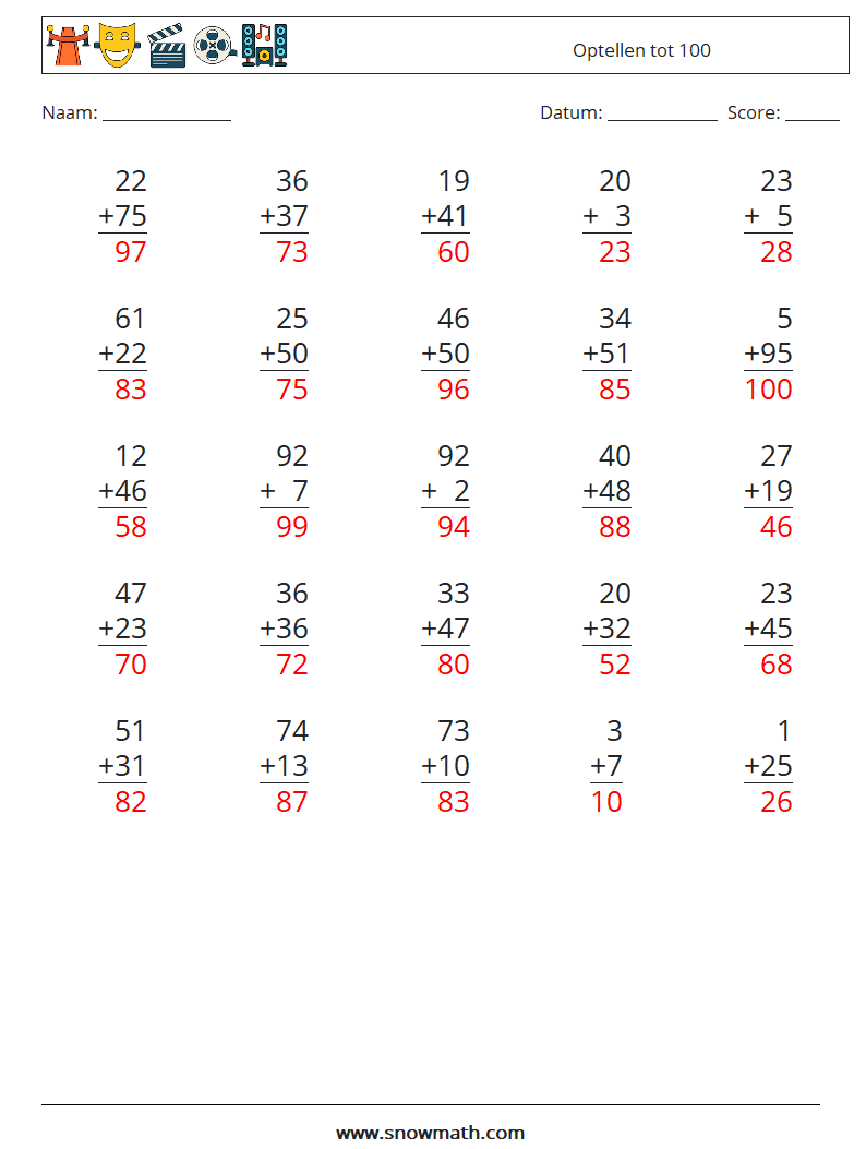 (25) Optellen tot 100 Wiskundige werkbladen 1 Vraag, Antwoord