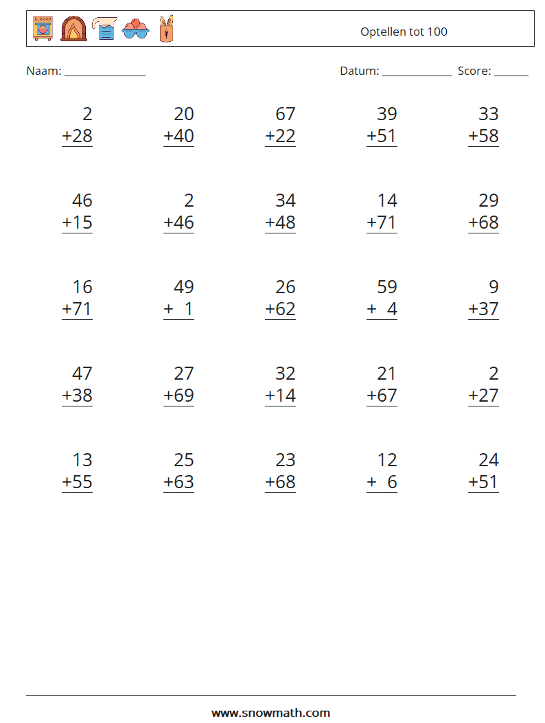 (25) Optellen tot 100 Wiskundige werkbladen 2