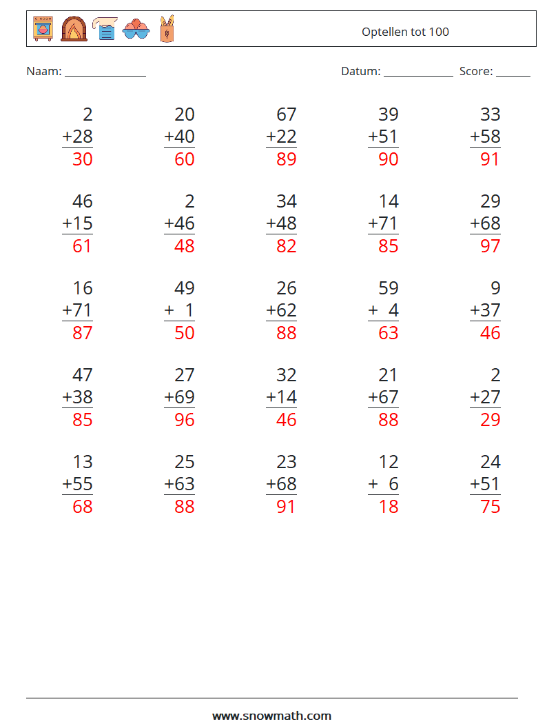 (25) Optellen tot 100 Wiskundige werkbladen 2 Vraag, Antwoord