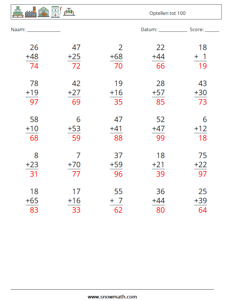 (25) Optellen tot 100 Wiskundige werkbladen 3 Vraag, Antwoord