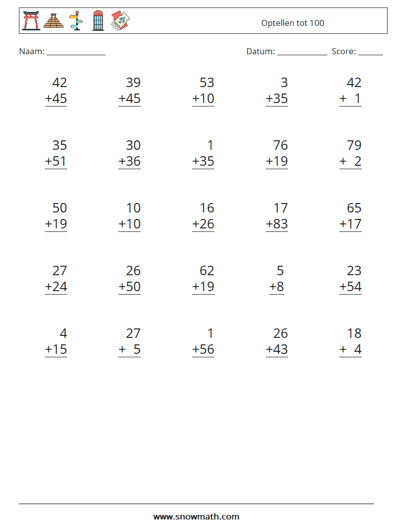 (25) Optellen tot 100 Wiskundige werkbladen 4