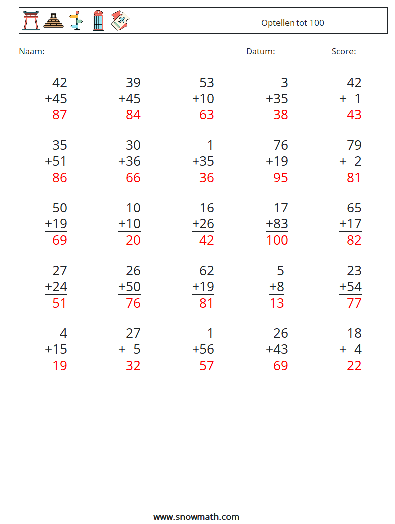 (25) Optellen tot 100 Wiskundige werkbladen 4 Vraag, Antwoord