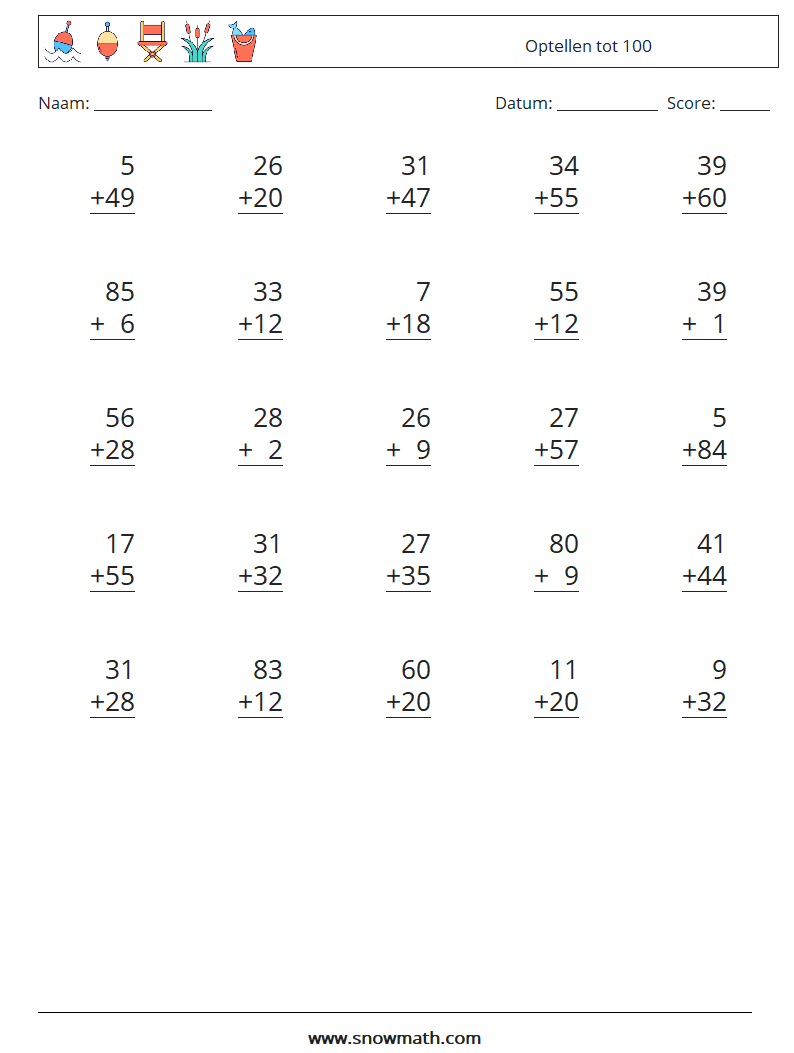 (25) Optellen tot 100 Wiskundige werkbladen 5