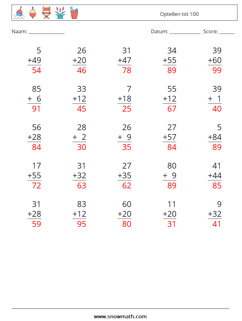 (25) Optellen tot 100 Wiskundige werkbladen 5 Vraag, Antwoord