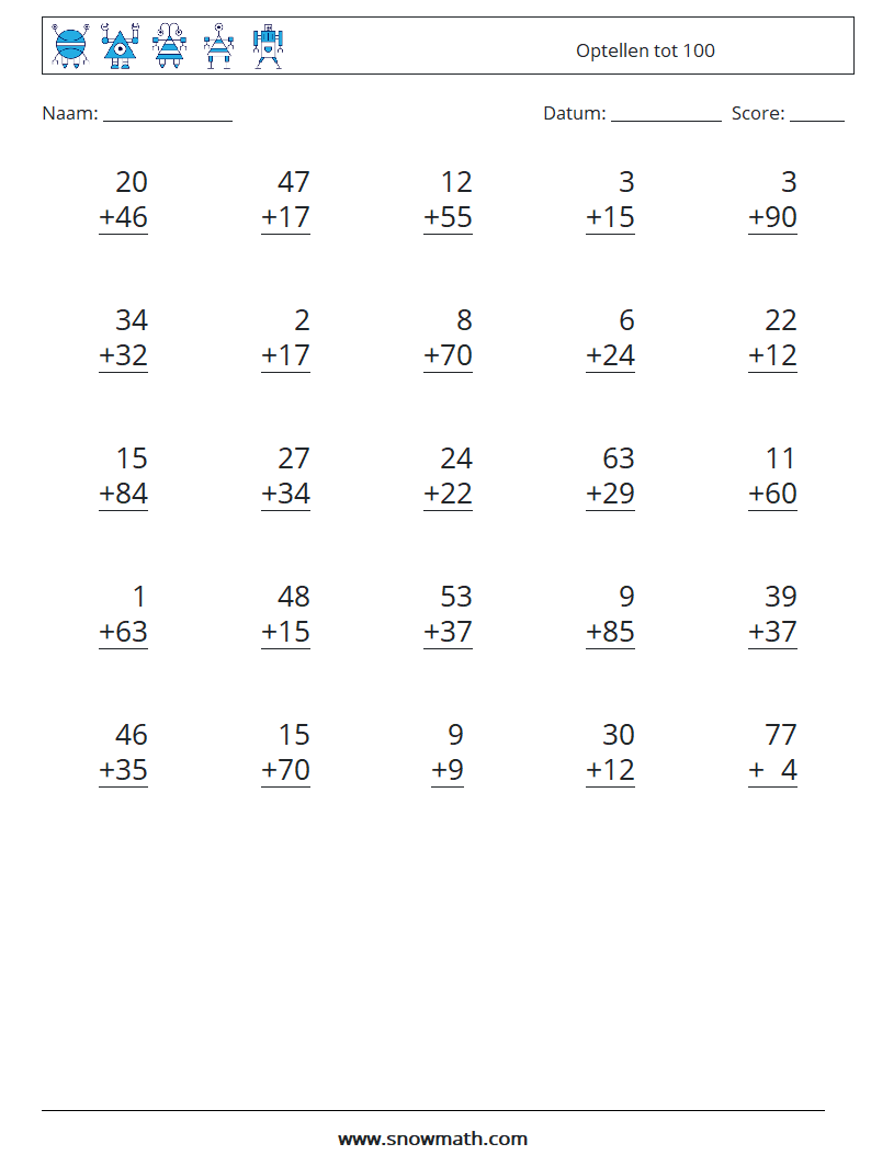 (25) Optellen tot 100 Wiskundige werkbladen 6