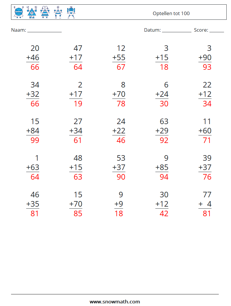 (25) Optellen tot 100 Wiskundige werkbladen 6 Vraag, Antwoord