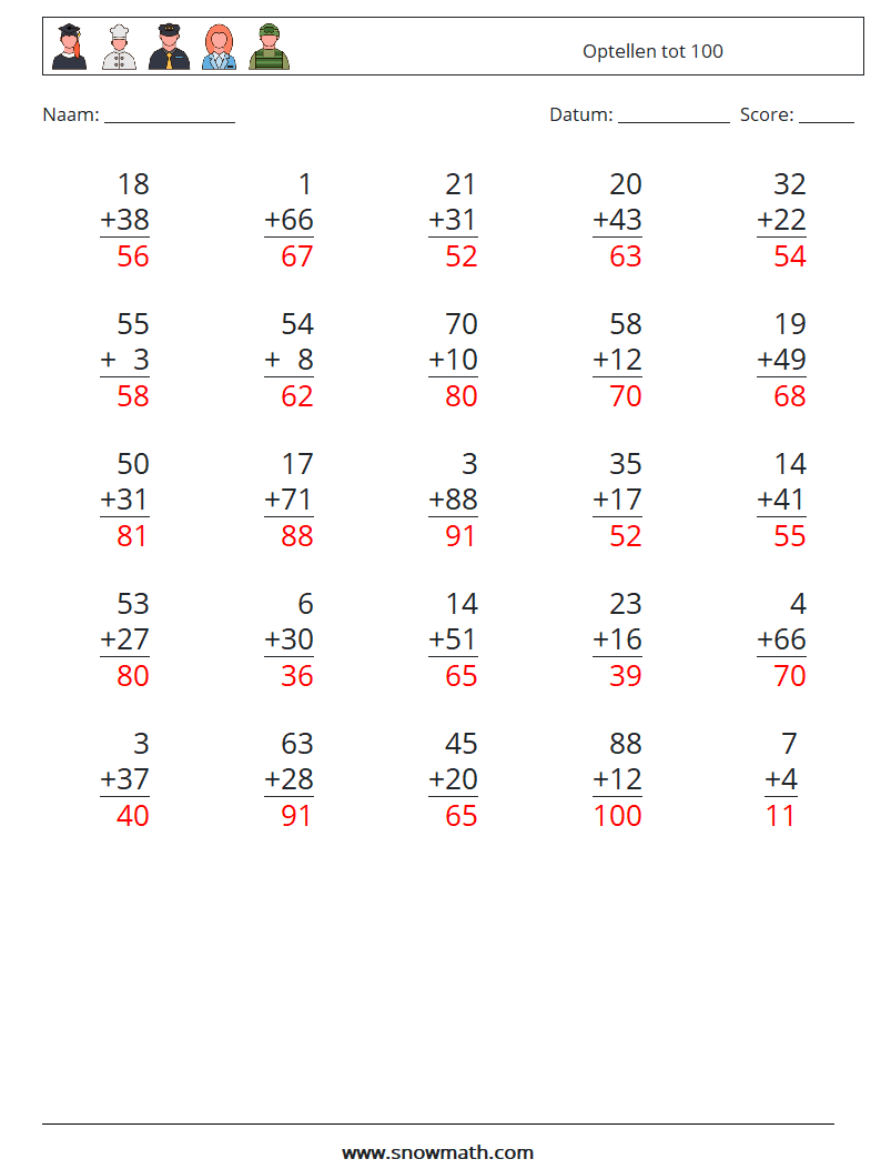 (25) Optellen tot 100 Wiskundige werkbladen 7 Vraag, Antwoord