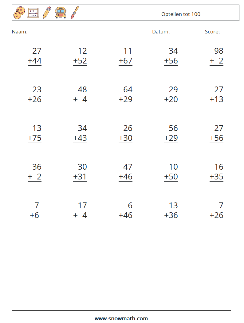 (25) Optellen tot 100 Wiskundige werkbladen 8