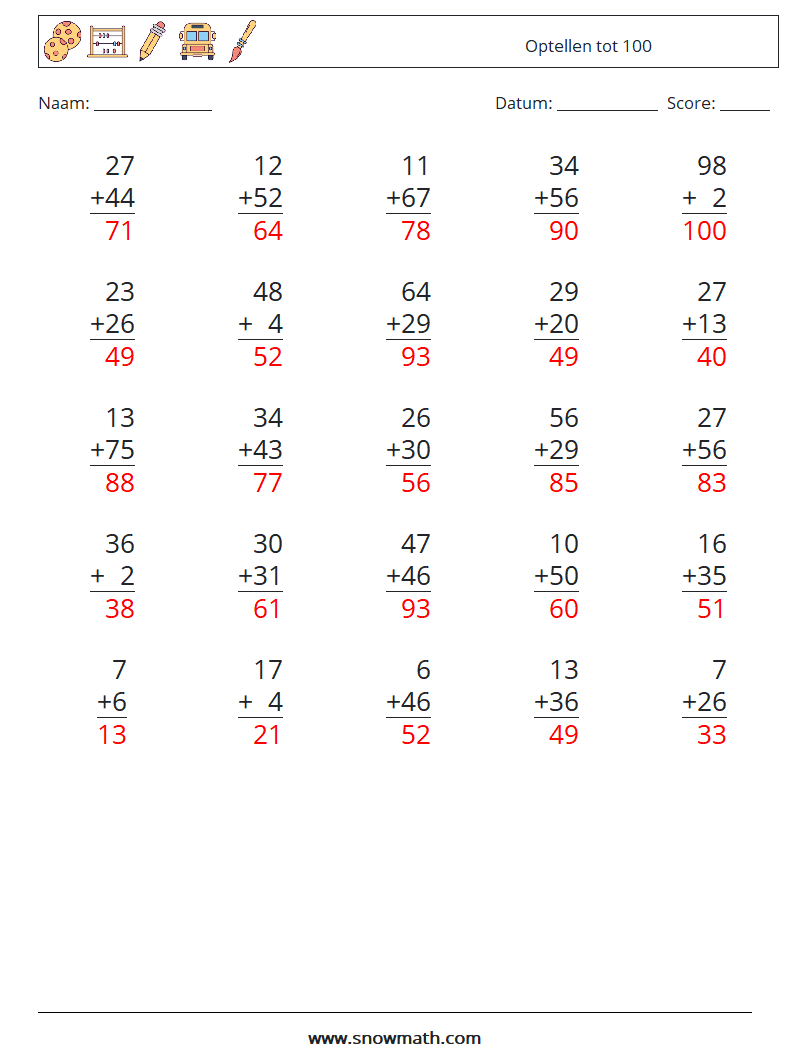 (25) Optellen tot 100 Wiskundige werkbladen 8 Vraag, Antwoord