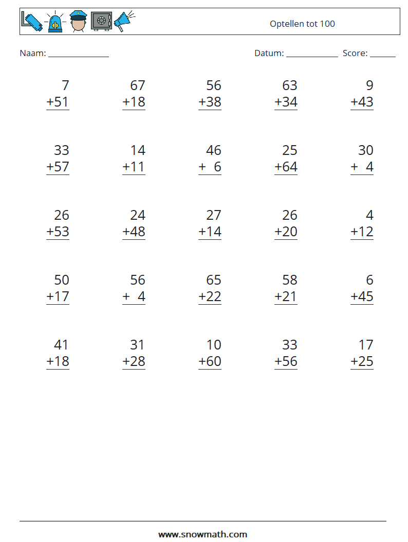 (25) Optellen tot 100 Wiskundige werkbladen 9