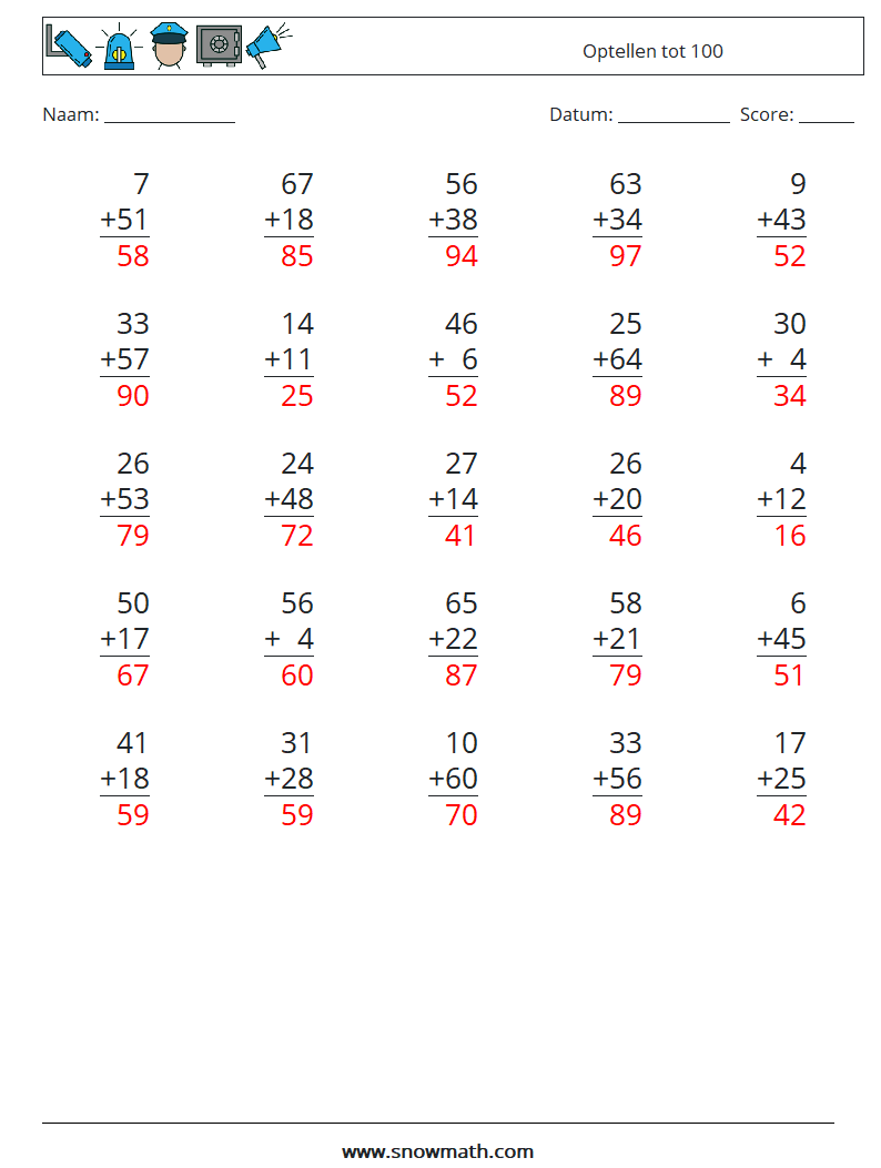 (25) Optellen tot 100 Wiskundige werkbladen 9 Vraag, Antwoord