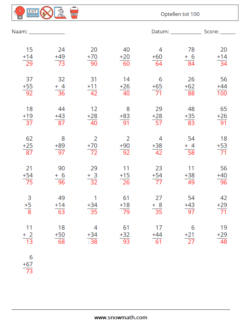 (50) Optellen tot 100 Wiskundige werkbladen 10 Vraag, Antwoord