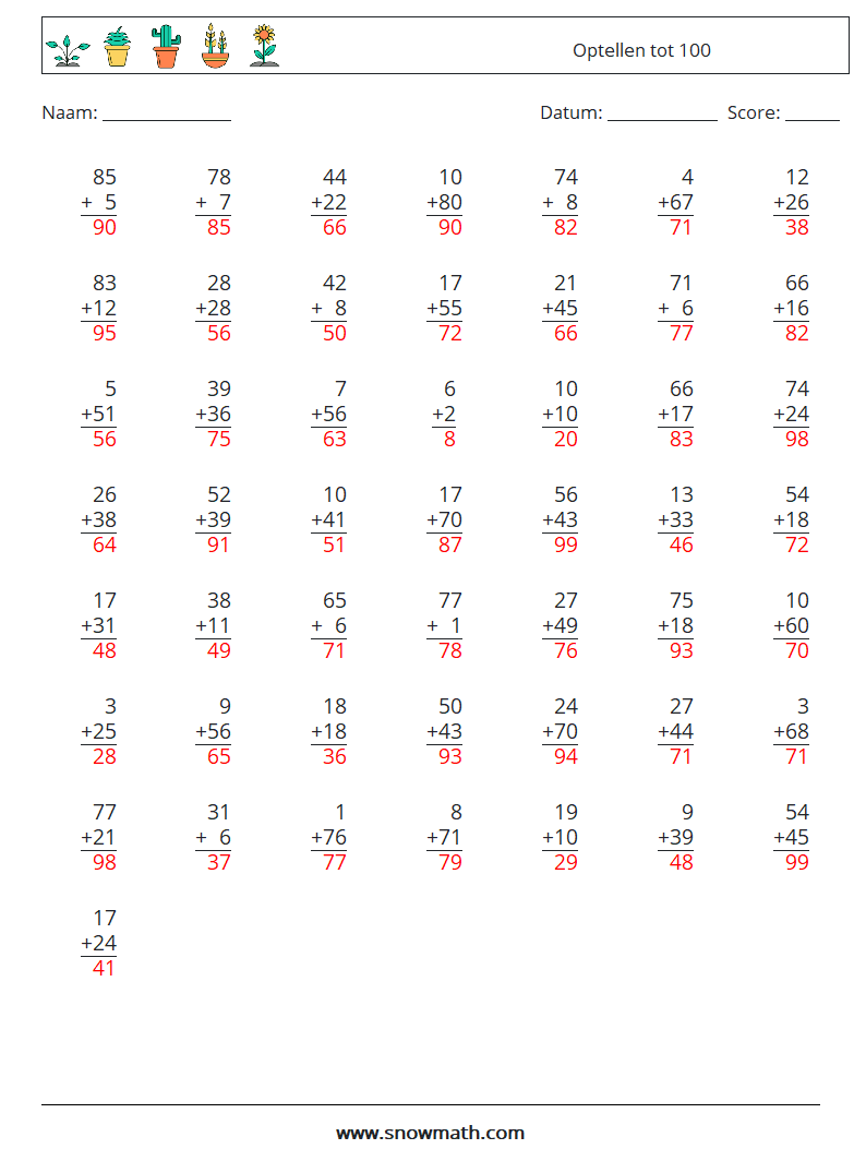 (50) Optellen tot 100 Wiskundige werkbladen 16 Vraag, Antwoord