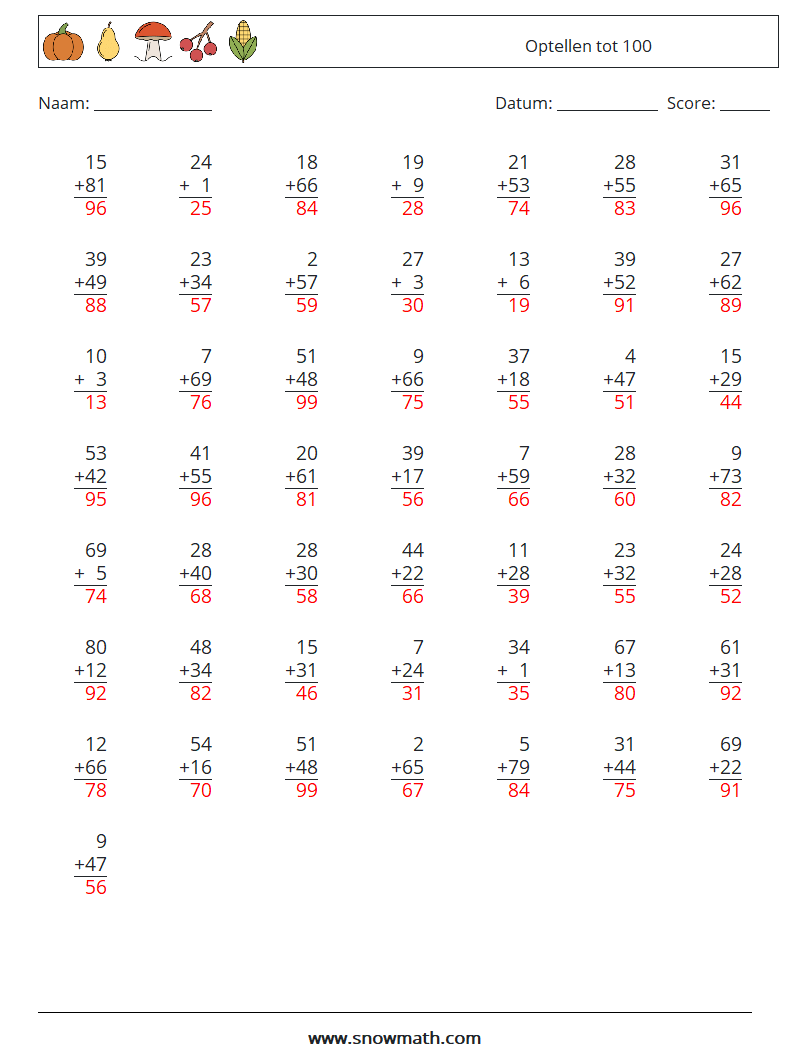 (50) Optellen tot 100 Wiskundige werkbladen 1 Vraag, Antwoord