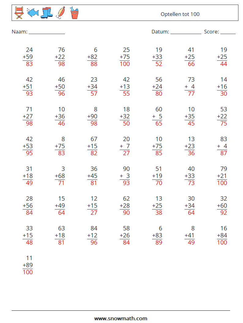 (50) Optellen tot 100 Wiskundige werkbladen 2 Vraag, Antwoord