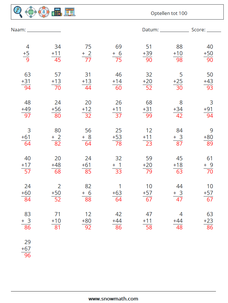 (50) Optellen tot 100 Wiskundige werkbladen 3 Vraag, Antwoord
