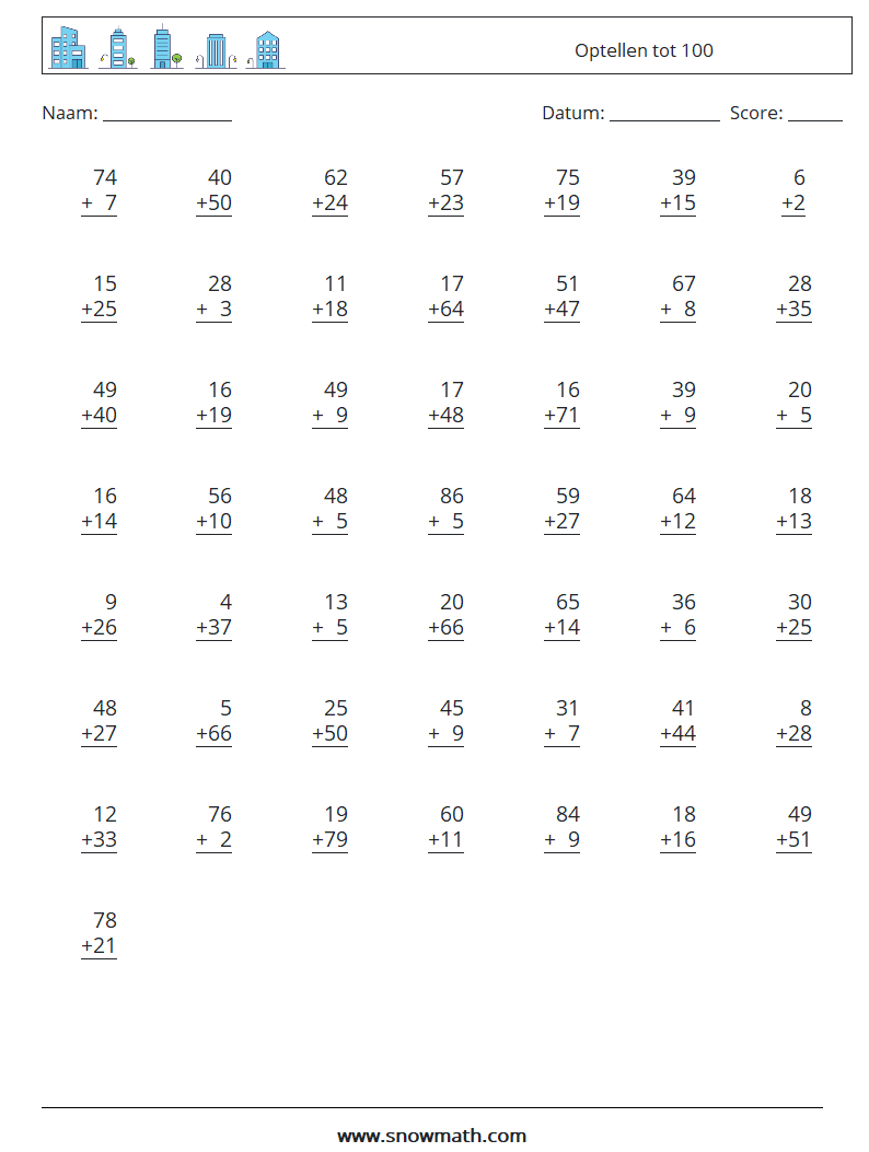 (50) Optellen tot 100 Wiskundige werkbladen 5
