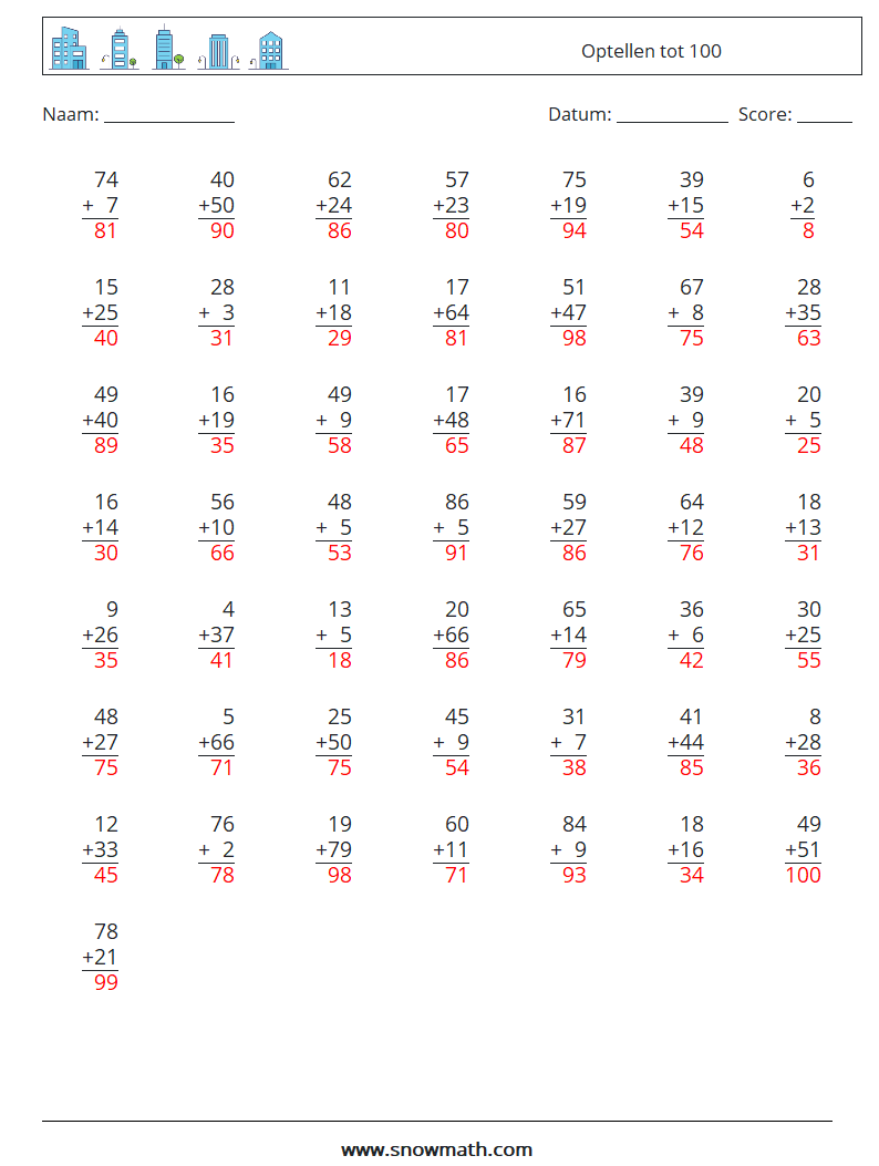 (50) Optellen tot 100 Wiskundige werkbladen 5 Vraag, Antwoord