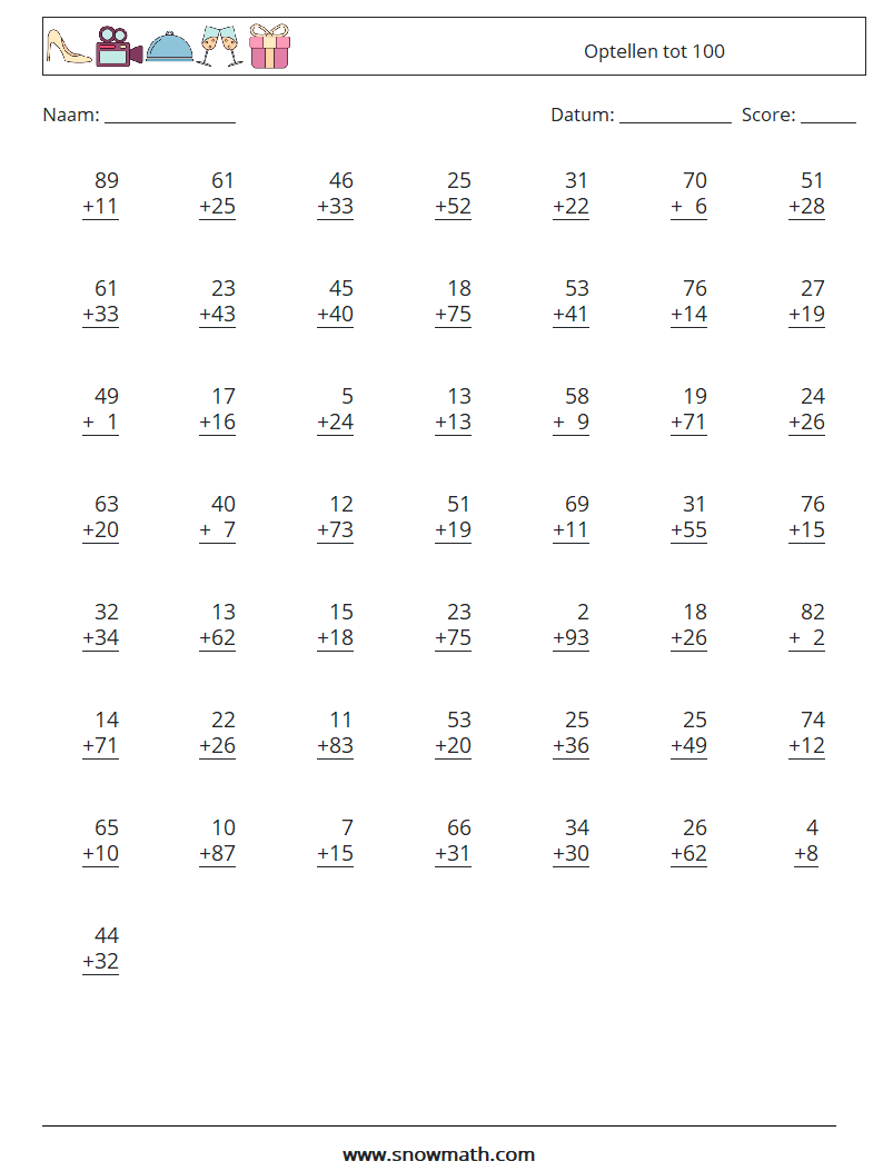 (50) Optellen tot 100 Wiskundige werkbladen 7